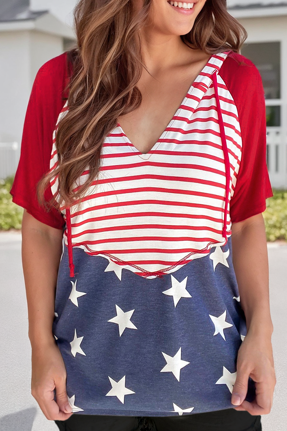 Stars and Stripes Print Drawstring Hooded T Shirt