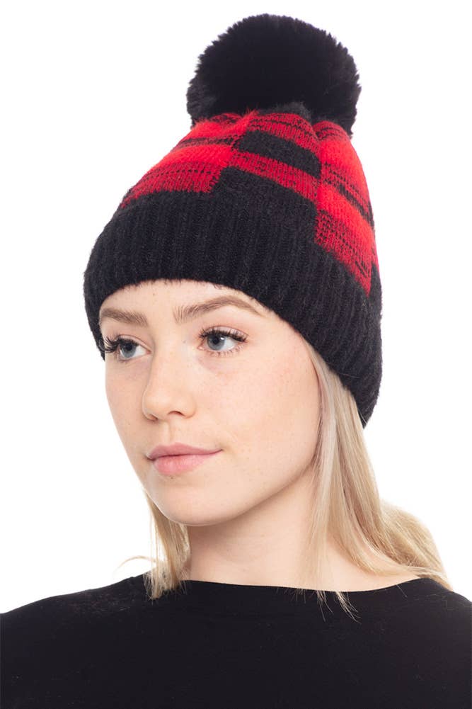 Buffalo Plaid Pom Fuzzy Fleece Beanie