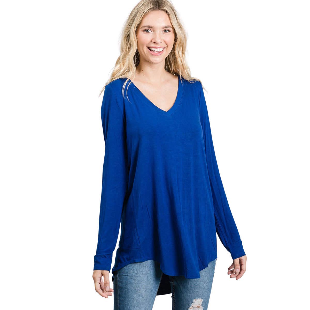 LONG SLEEVE V-NECK DOLPHIN HEM TOP