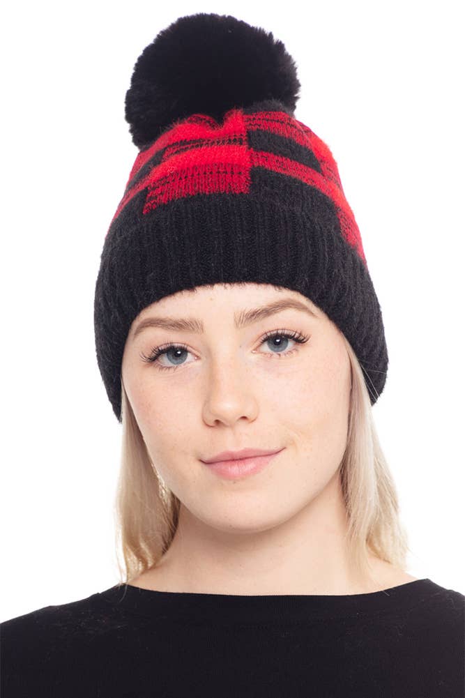 Buffalo Plaid Pom Fuzzy Fleece Beanie