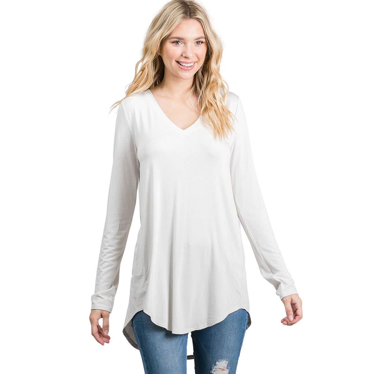 LONG SLEEVE V-NECK DOLPHIN HEM TOP