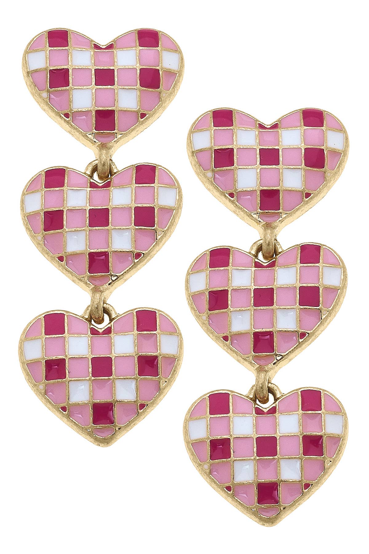 Livy Triple Drop Gingham Heart Earrings