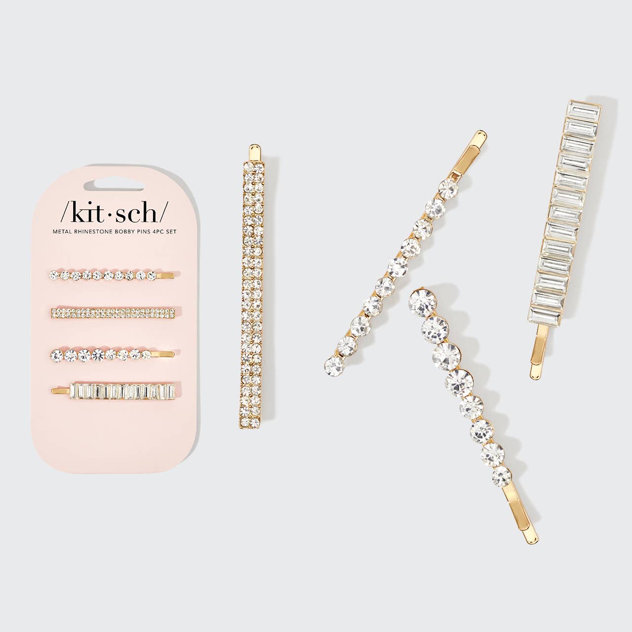 Metal Rhinestone Assorted Bobby Pins 4pc Set -(Gold)