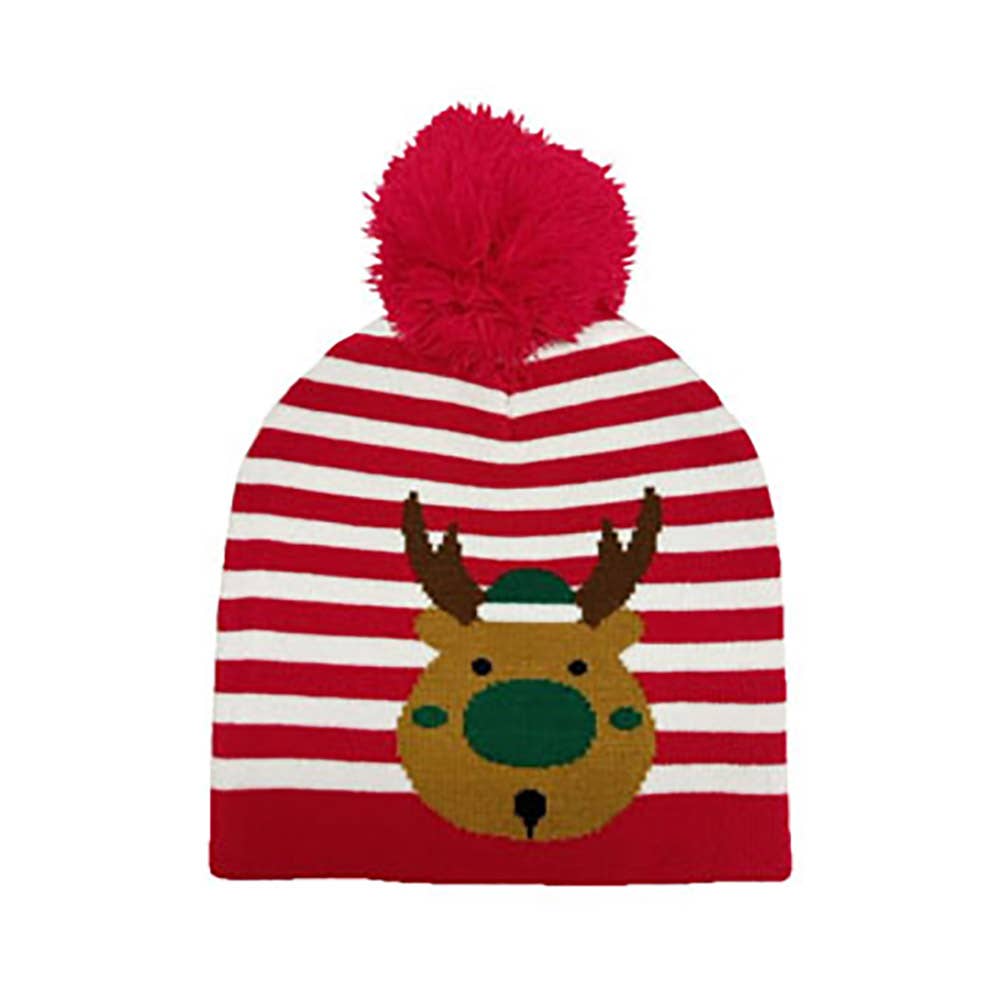 Striped Rudolph Pom Pom Beanie Hat