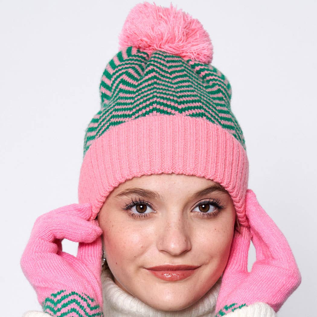Zig-Zag Striped Ribbed Cuff Beanie with Pom