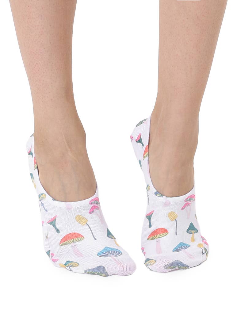 No-Show Liner Socks - Multi-Colored Mushrooms - White
