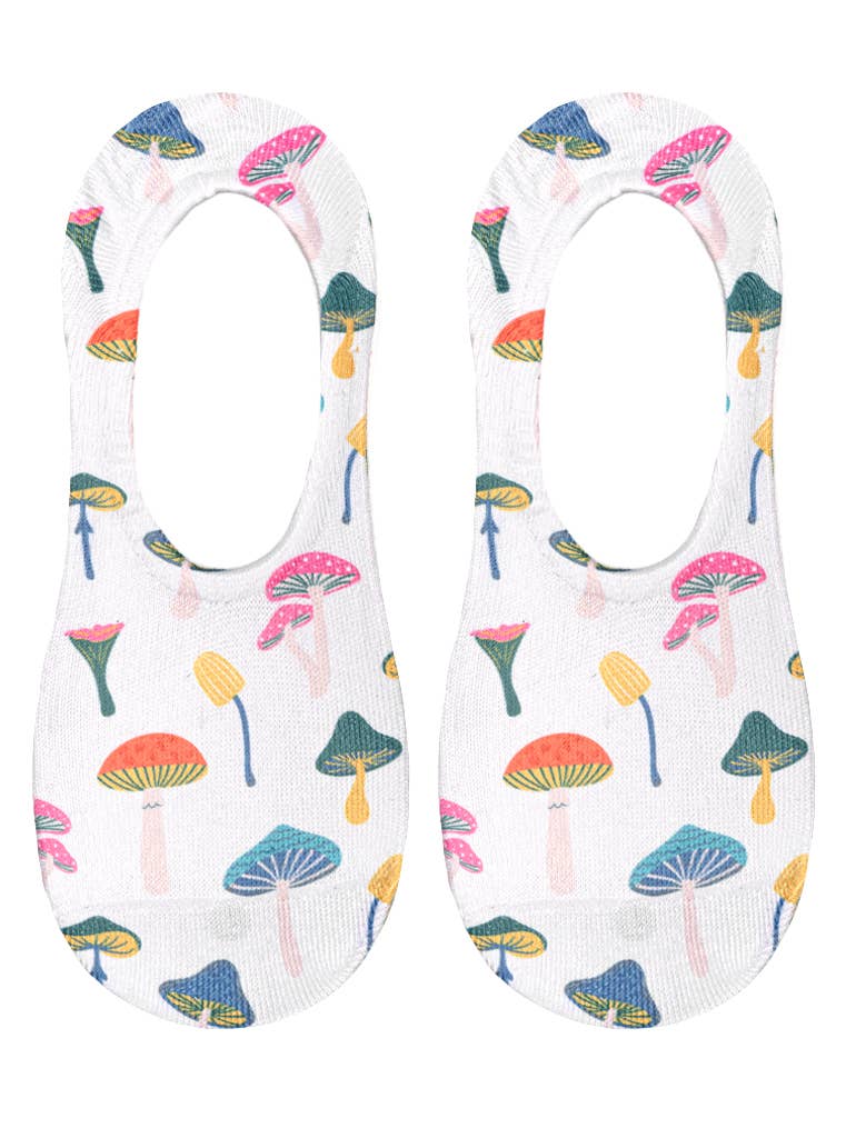 No-Show Liner Socks - Multi-Colored Mushrooms - White