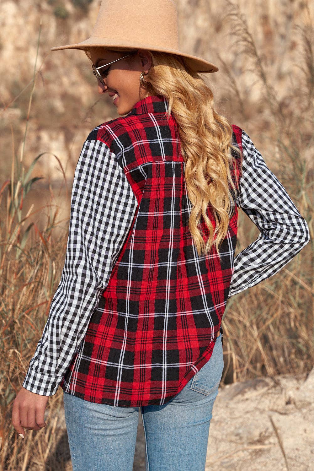 Plaid Splicing Hit Color Pockets Turndown Collar Long Sleeve