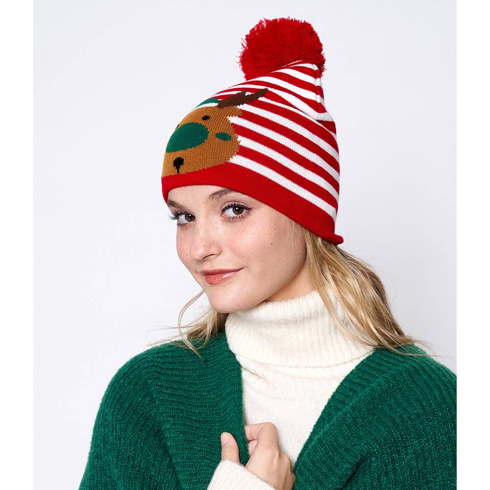 Striped Rudolph Pom Pom Beanie Hat
