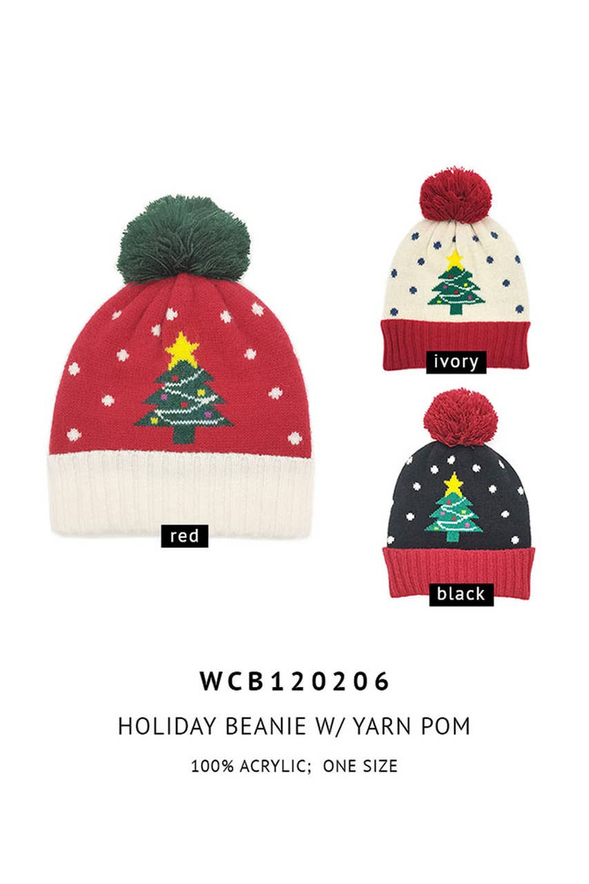 Christmas Theme Tree Beanie with Yarn Holiday Pom Winter Hat