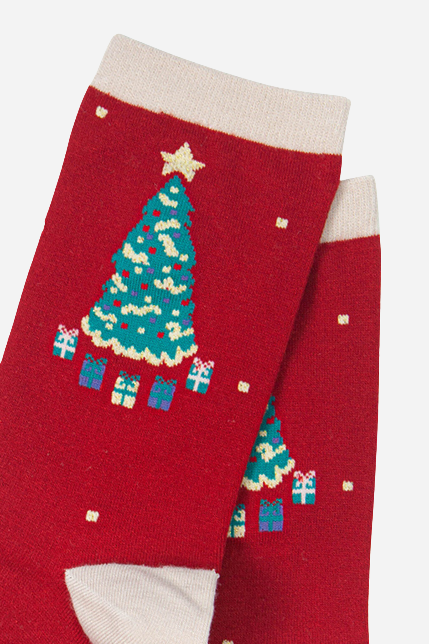 Red Women's Christmas Tree Print Bamboo Socks