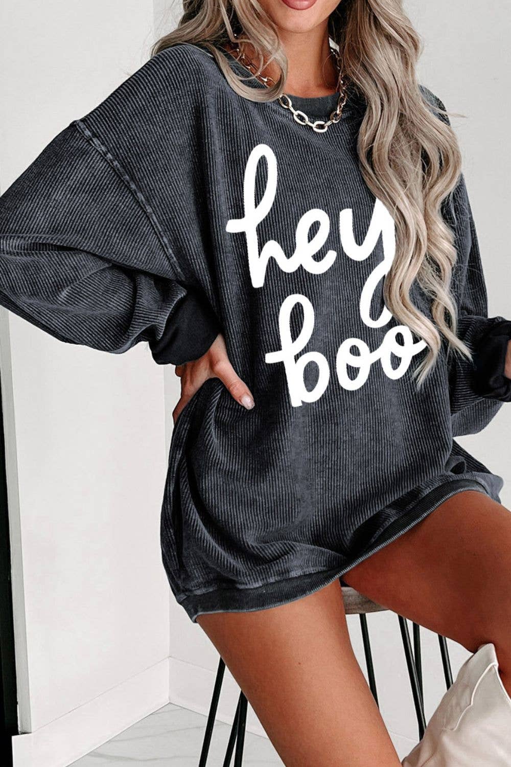 Hey Boo Corded Sweatshirt In Charcoal