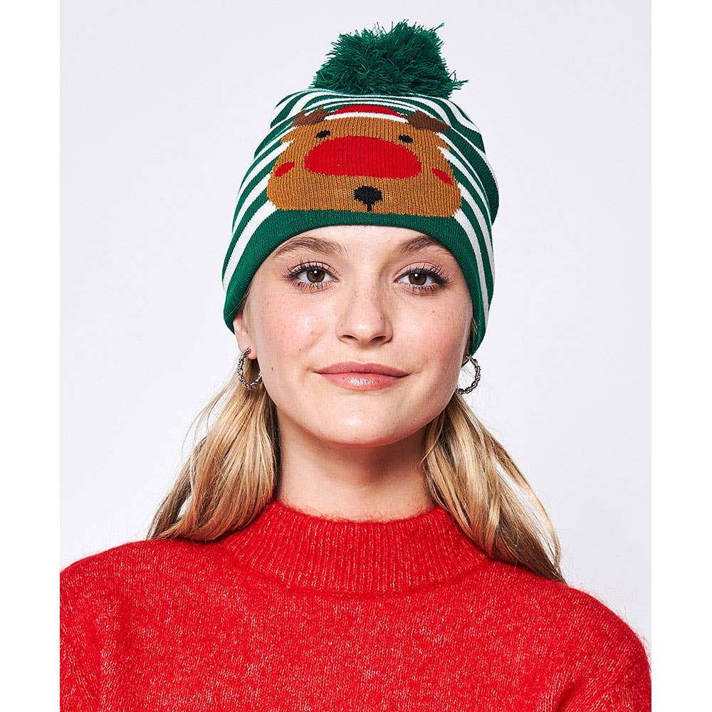 Striped Rudolph Pom Pom Beanie Hat