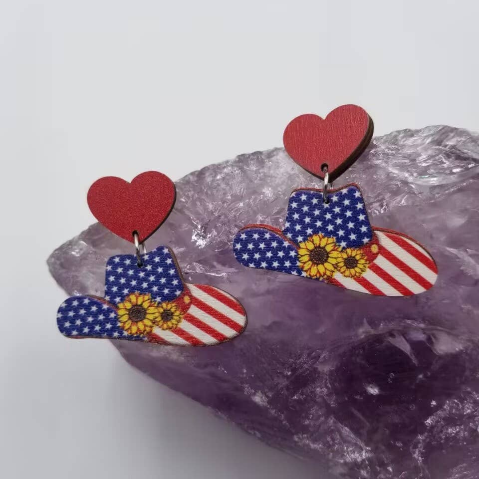 Patriotic Sunflower Cowgirl Hat Earrings