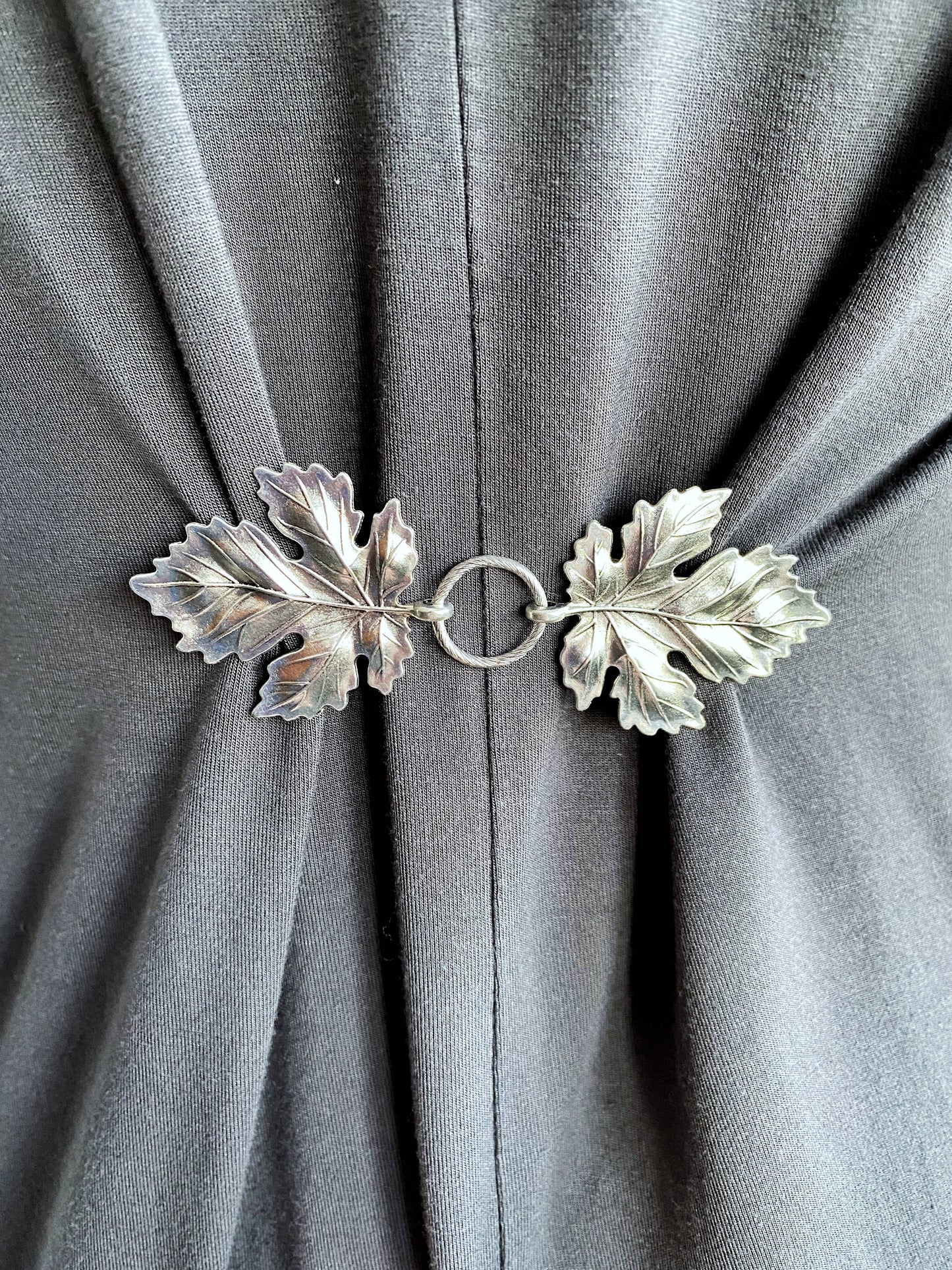 Katlyn - Silver Metal, Double Leaf Clothing Clasp