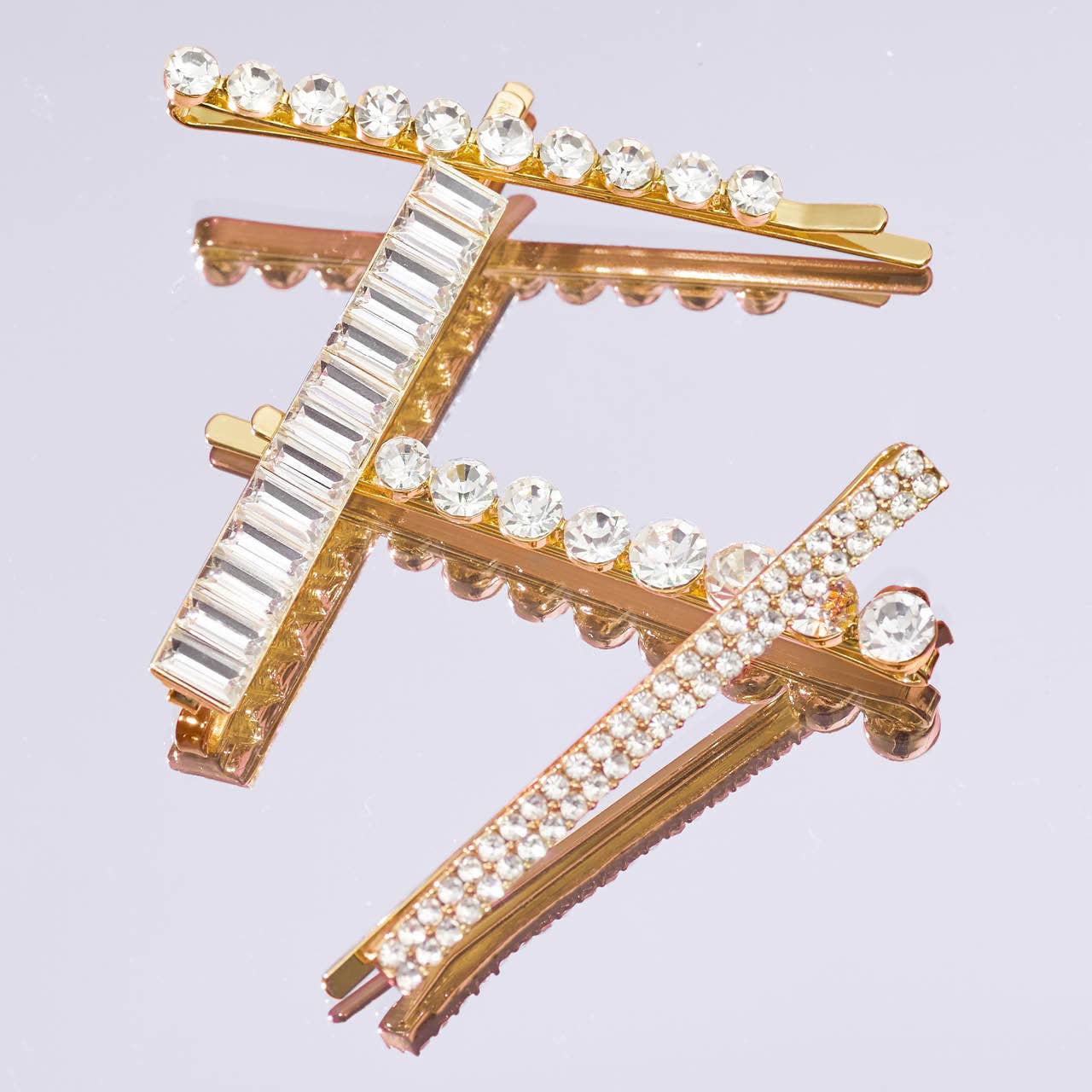 Metal Rhinestone Assorted Bobby Pins 4pc Set -(Gold)
