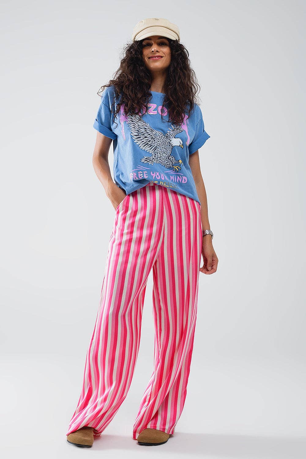 Vertical Striped Straight Leg satin Pants in Pink