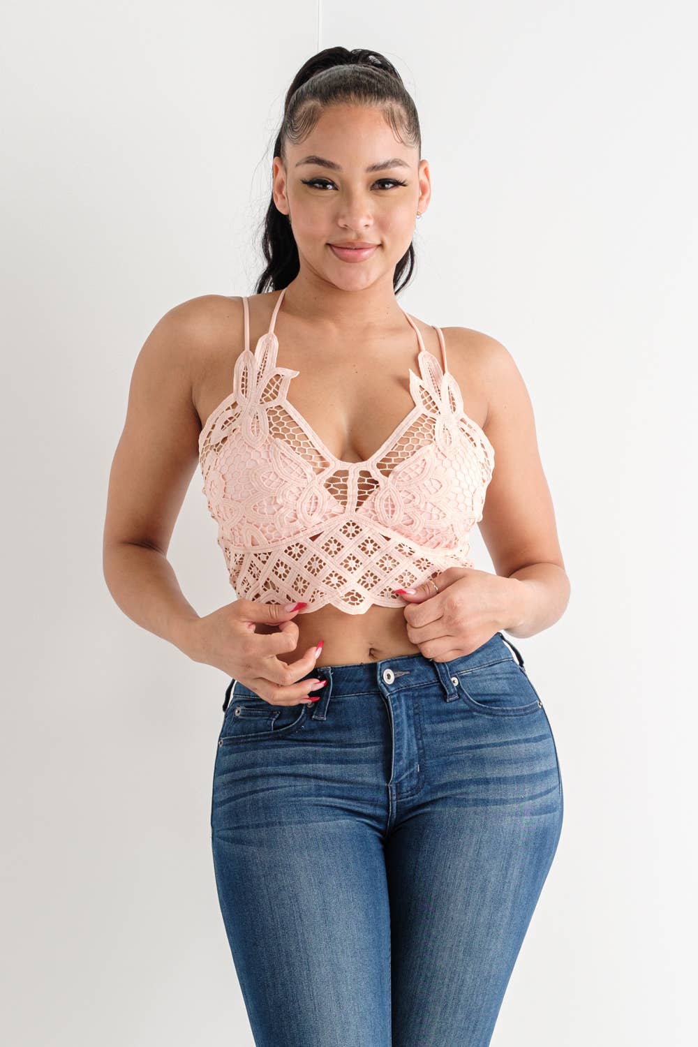 Lace Flower Pattern Crossed Back Bralette Top