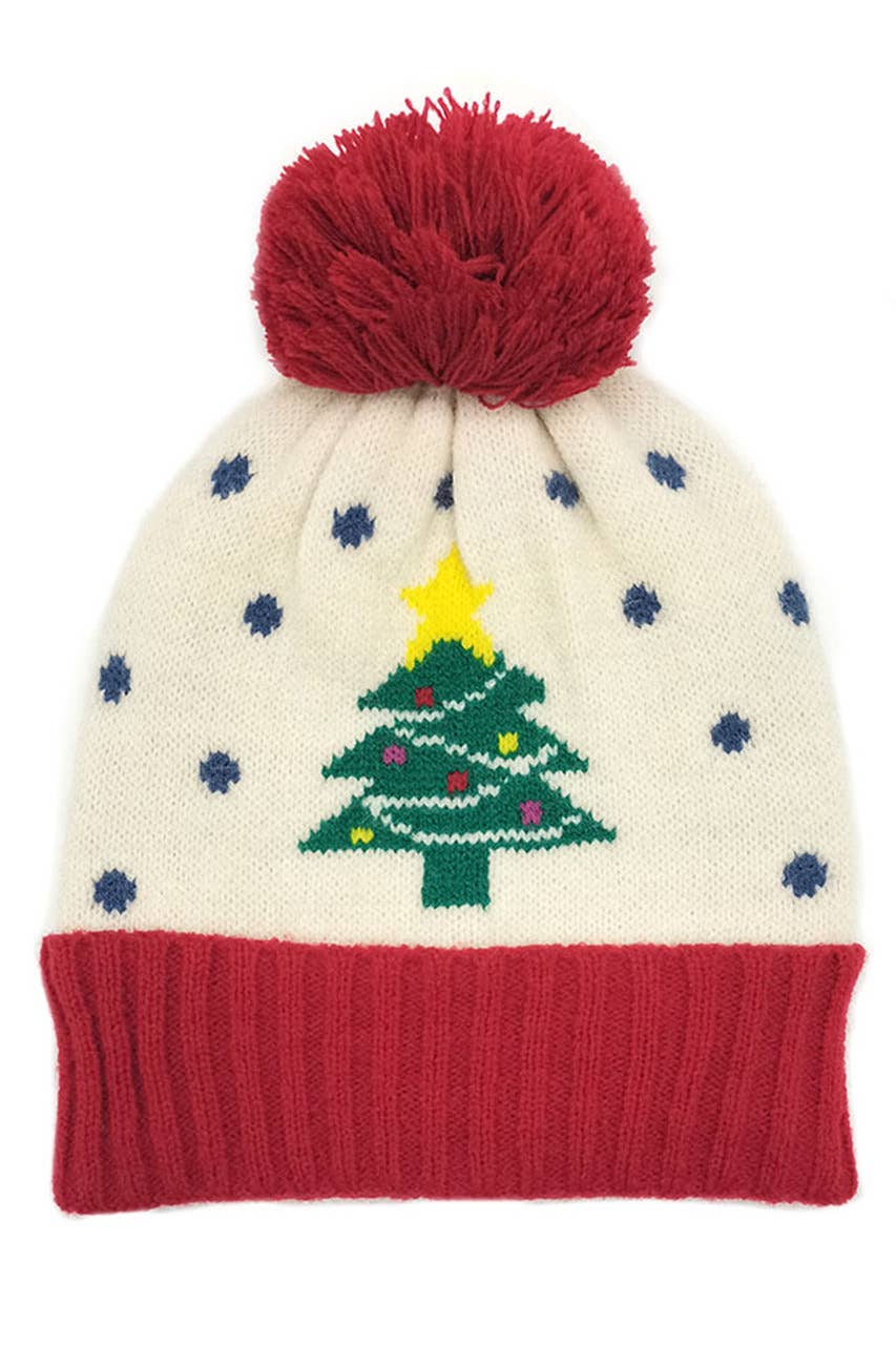 Christmas Theme Tree Beanie with Yarn Holiday Pom Winter Hat