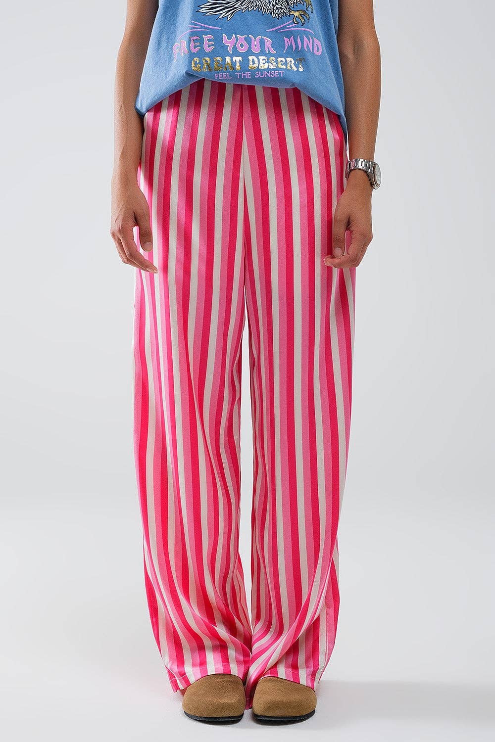 Vertical Striped Straight Leg satin Pants in Pink