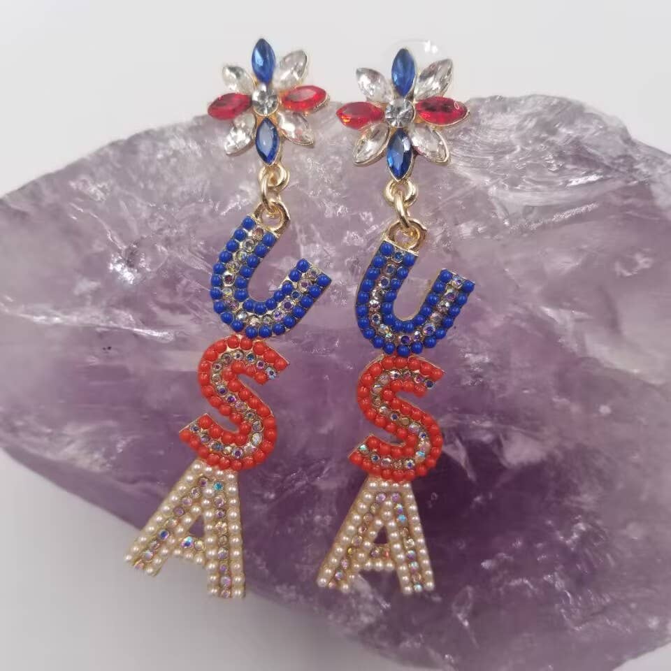 Patriotic Crystal Bead USA Earrings