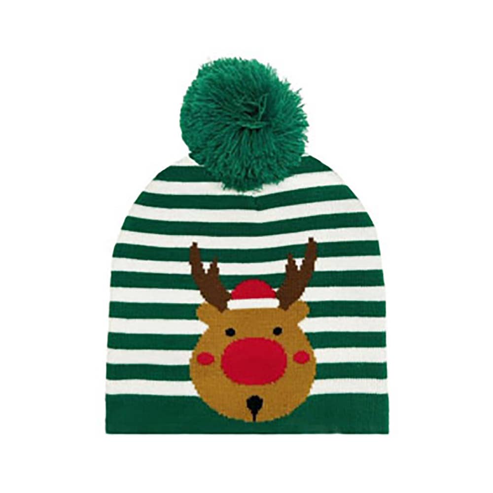 Striped Rudolph Pom Pom Beanie Hat
