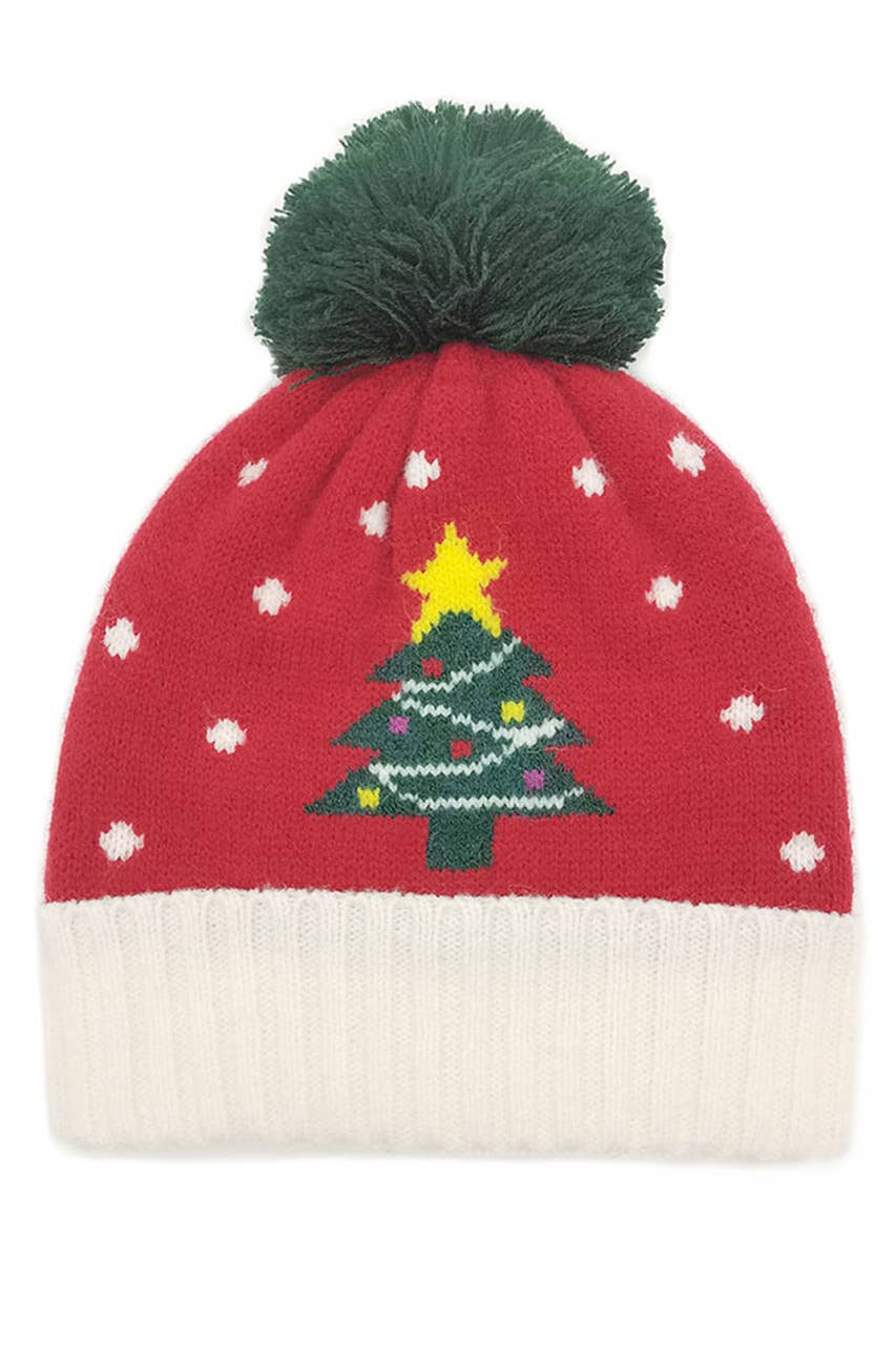 Christmas Theme Tree Beanie with Yarn Holiday Pom Winter Hat
