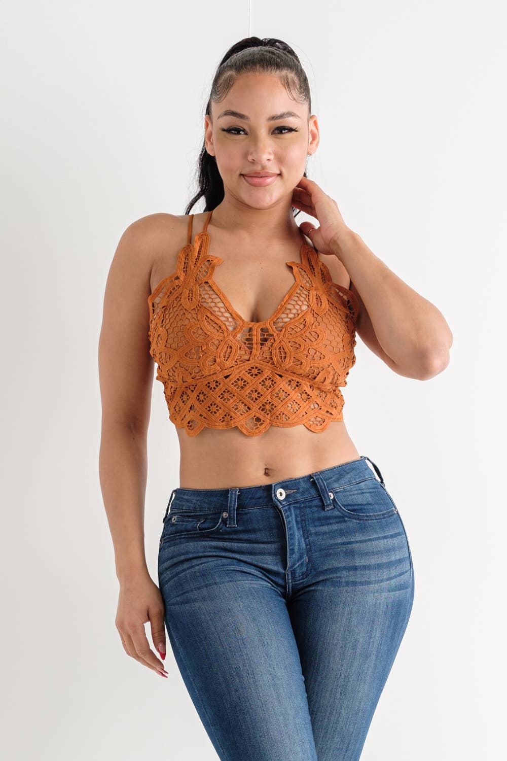 Lace Flower Pattern Crossed Back Bralette Top