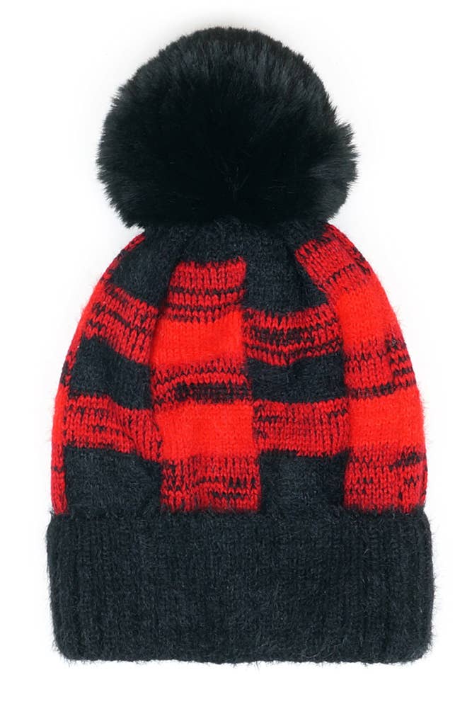 Buffalo Plaid Pom Fuzzy Fleece Beanie