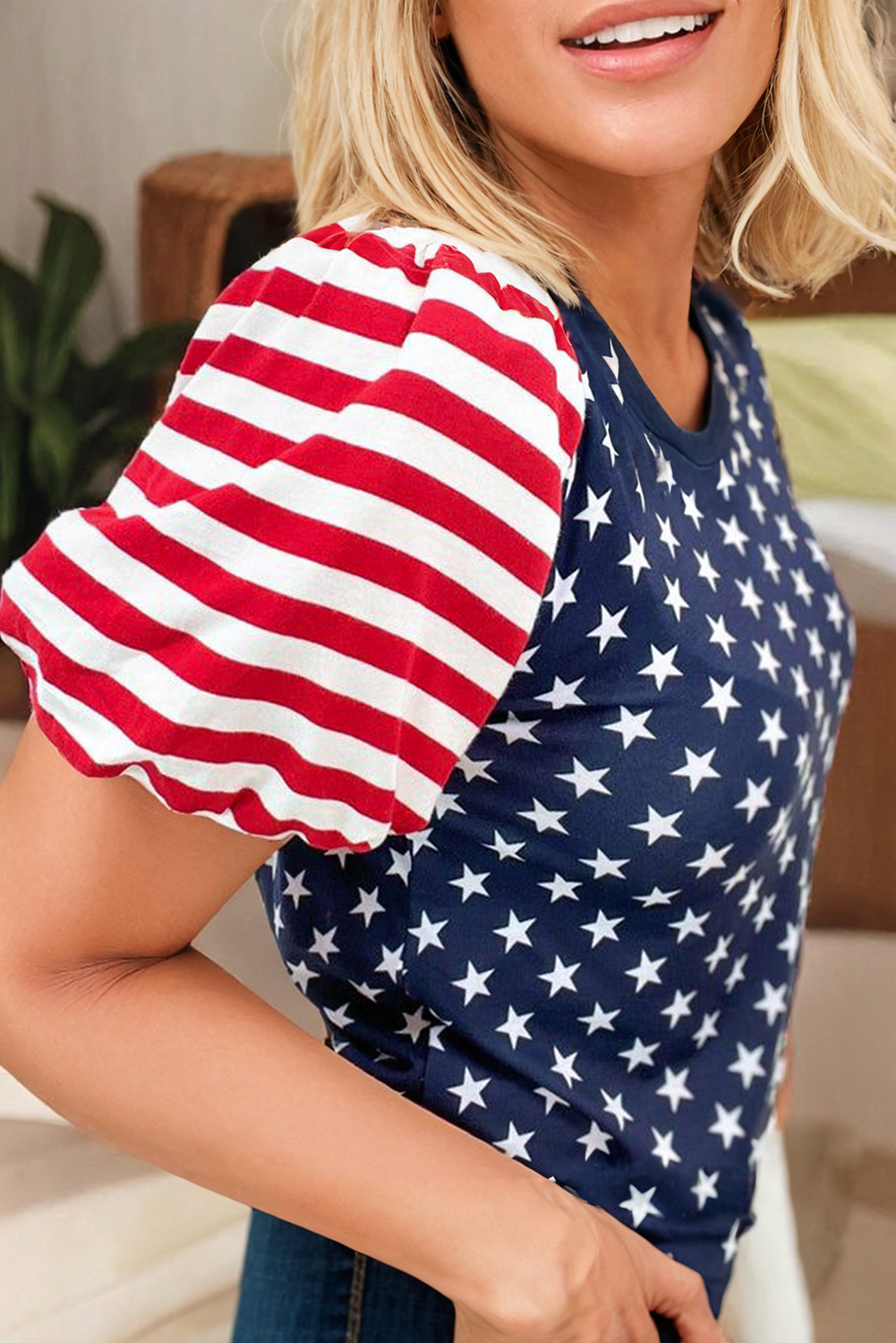 Stars Stripes Puff Sleeve T Shirt
