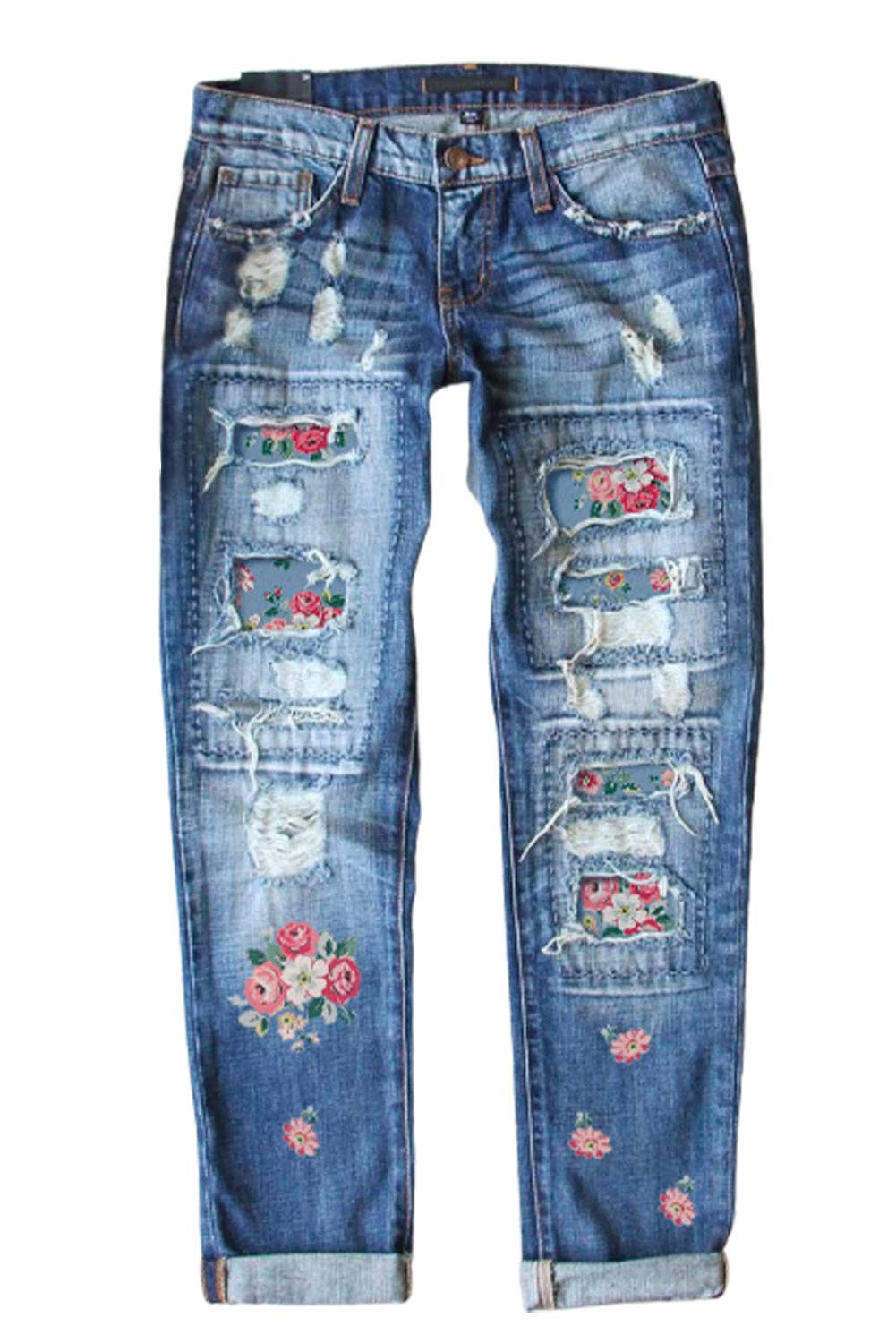 Sky Blue Floral Print Contrast Distressed Mid Waist Jeans