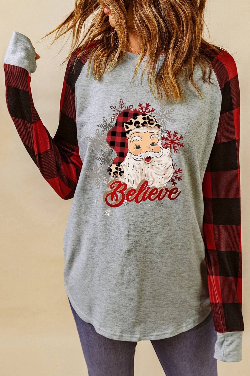 Gray Believe Santa's Buffalo Plaid Sleeve Pullover Sweatshirt