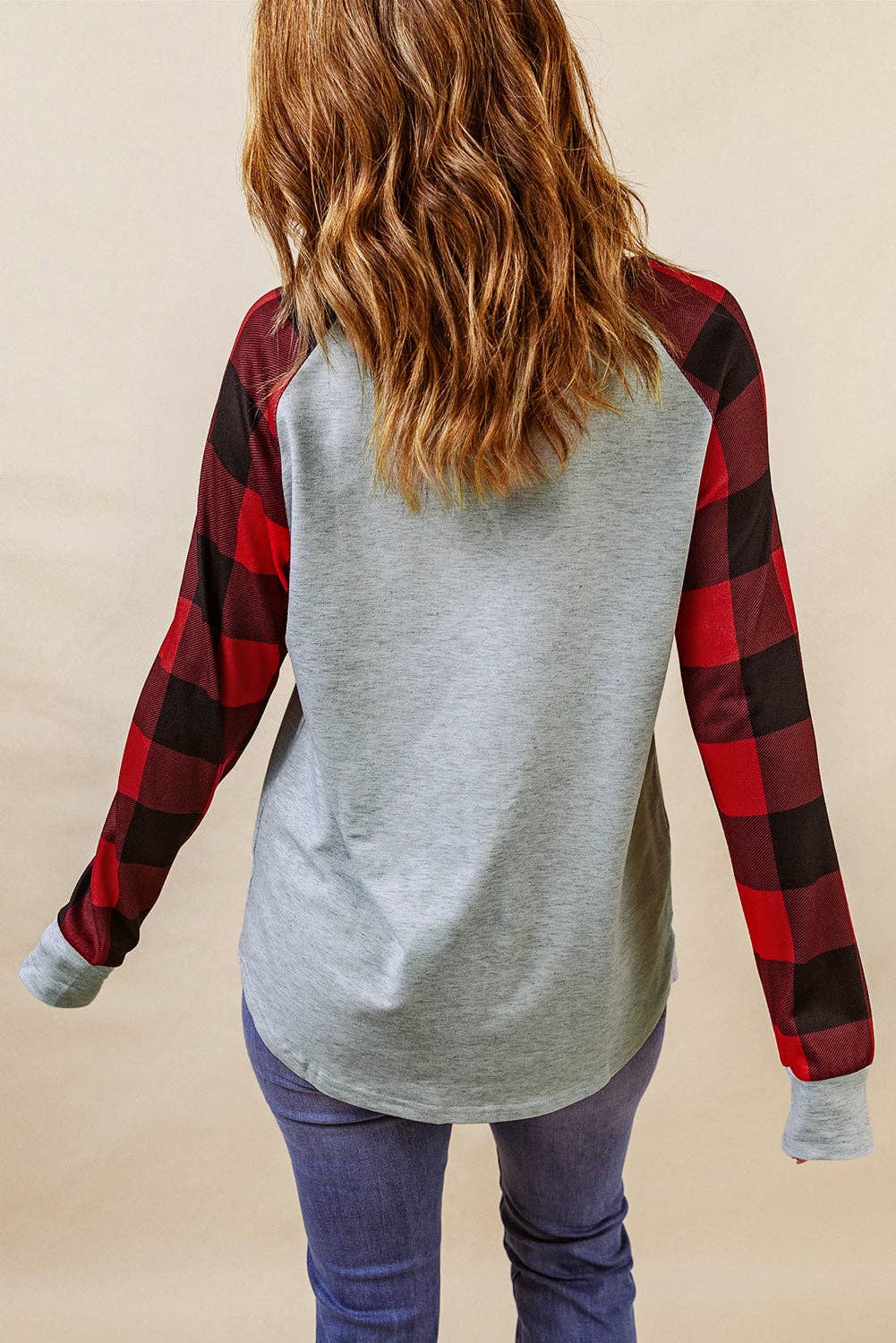 Gray Believe Santa's Buffalo Plaid Sleeve Pullover Sweatshirt