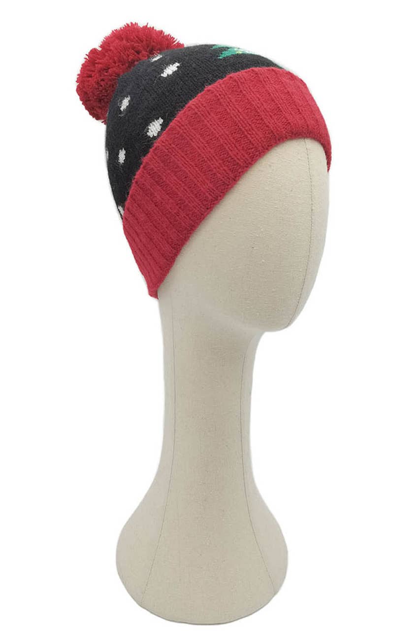 Christmas Theme Tree Beanie with Yarn Holiday Pom Winter Hat