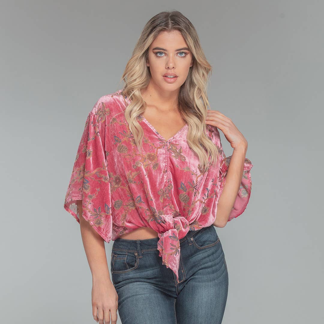 Pink Velvet Burnout Pull-Over Tie Front Shirt