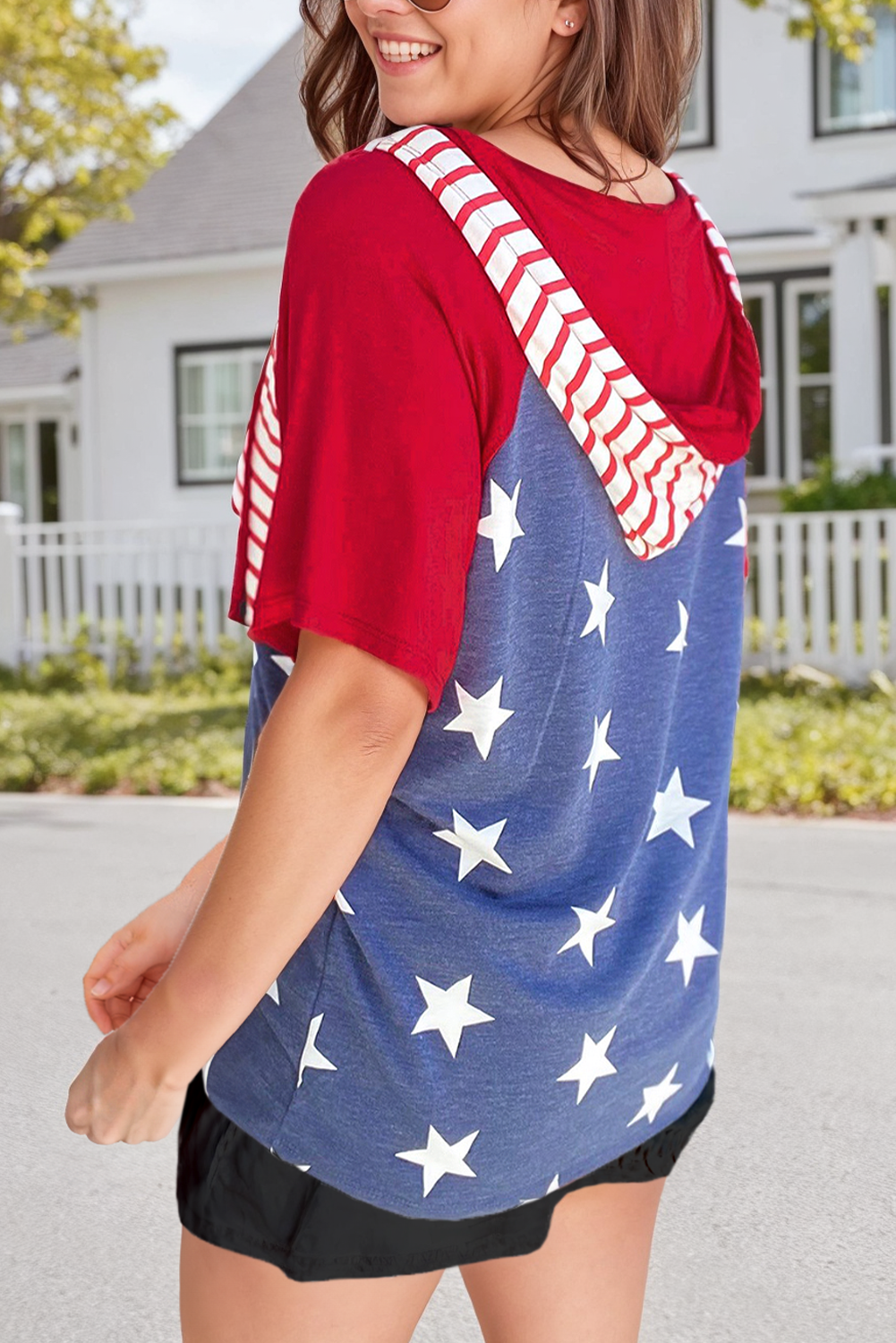Stars and Stripes Print Drawstring Hooded T Shirt