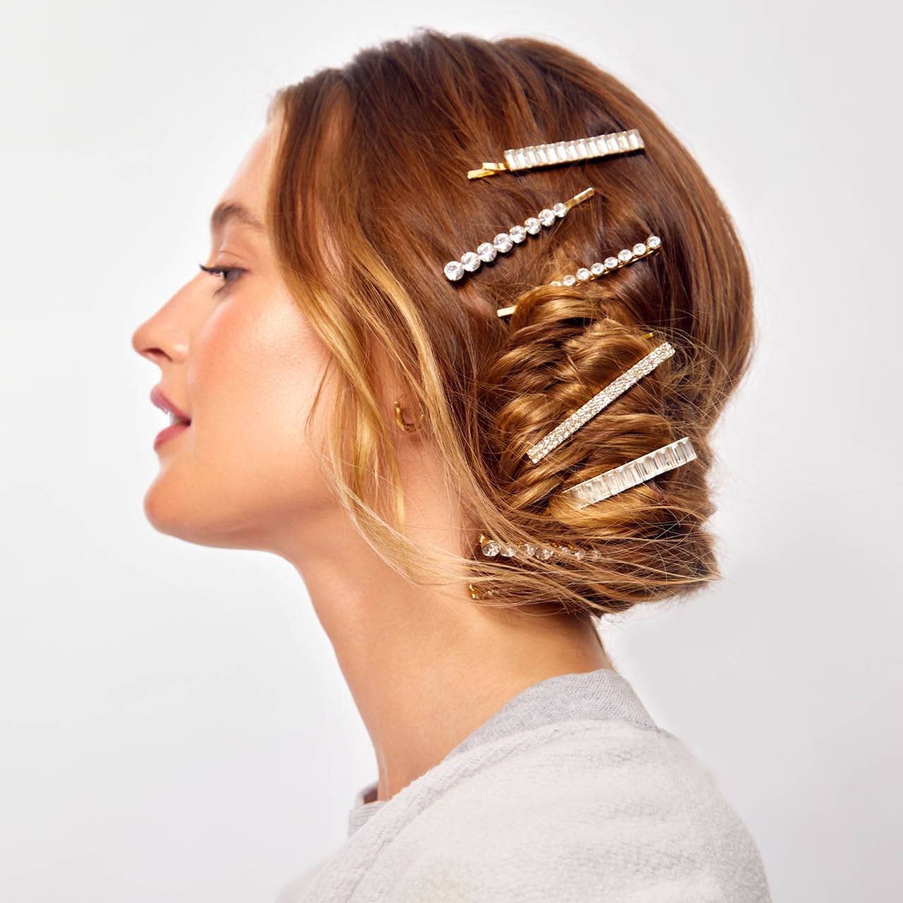 Metal Rhinestone Assorted Bobby Pins 4pc Set -(Gold)