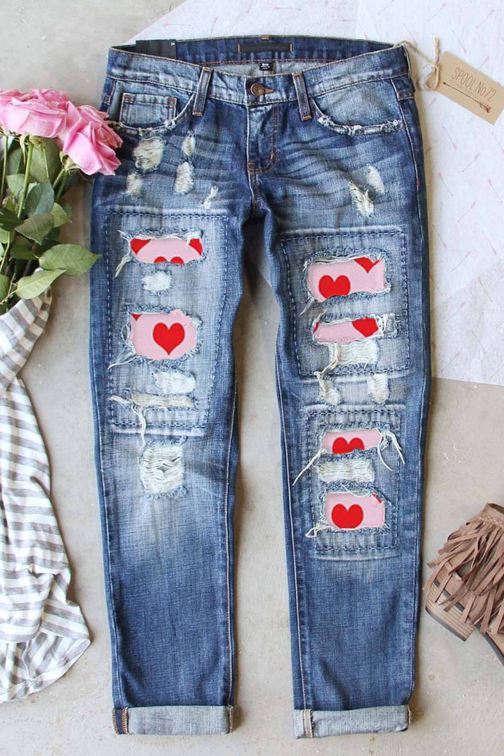 Sky Blue Valentine's Day Heart Patchwork Distressed Jeans
