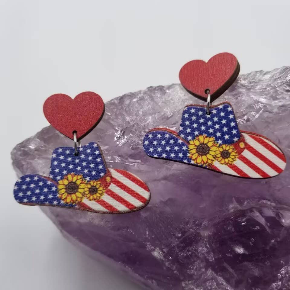 Patriotic Sunflower Cowgirl Hat Earrings
