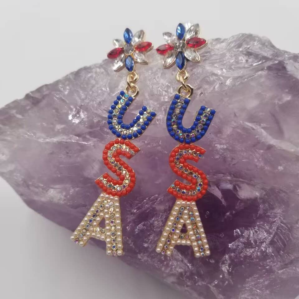 Patriotic Crystal Bead USA Earrings