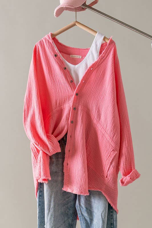 PREMIUM SOFT FRAYED HEM GAUZE VINTAGE WASHED SHIRT