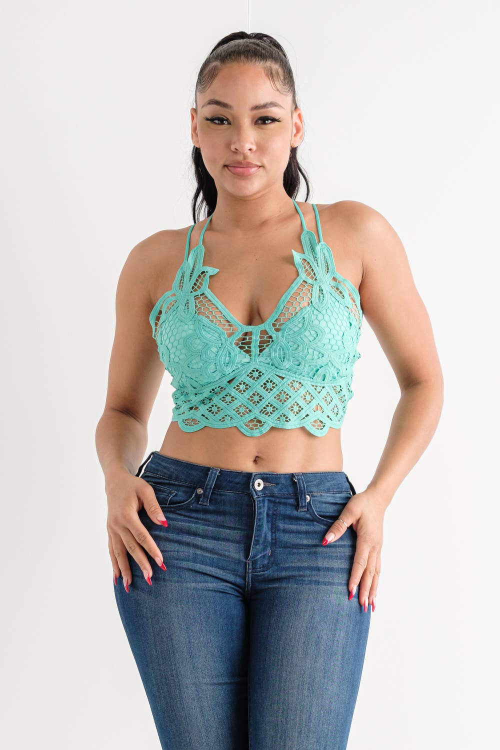 Lace Flower Pattern Crossed Back Bralette Top