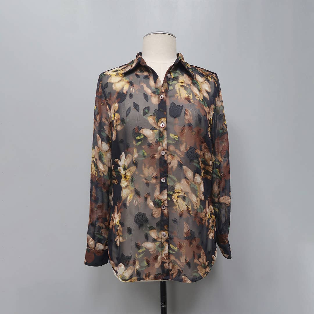 Print Chiffon Shirt w/Crushed Velvet Back
