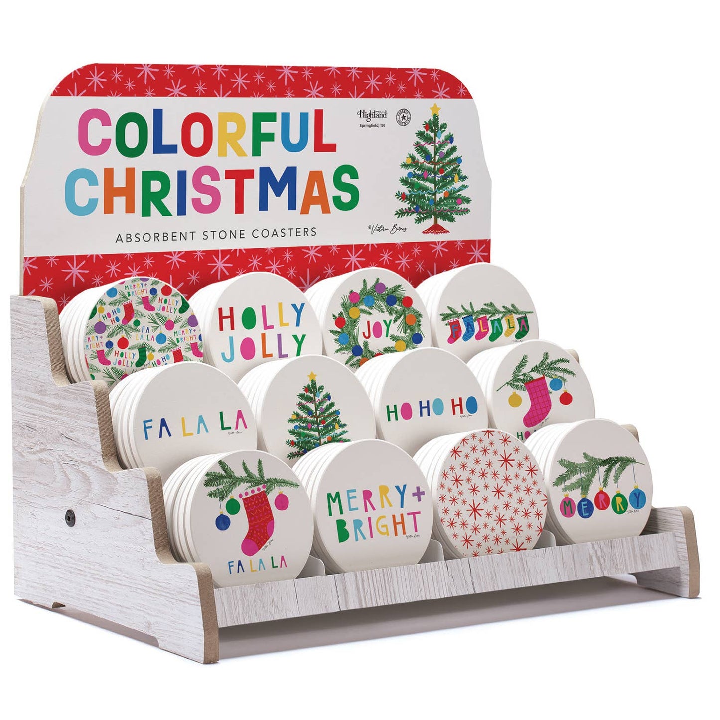 Colorful Christmas Pre-Packed Round Coaster Display