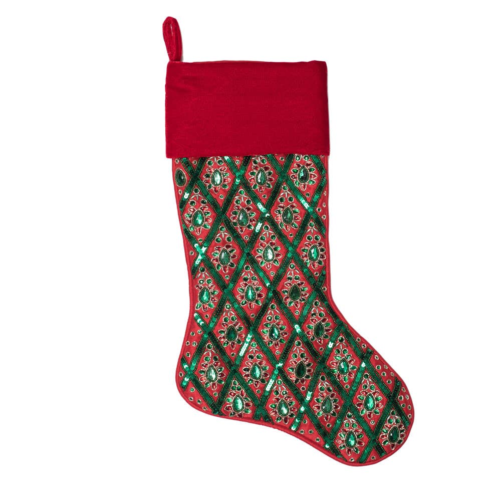 Vickerman 20" Green/Red Sequin Pattern Christmas Stocking.
