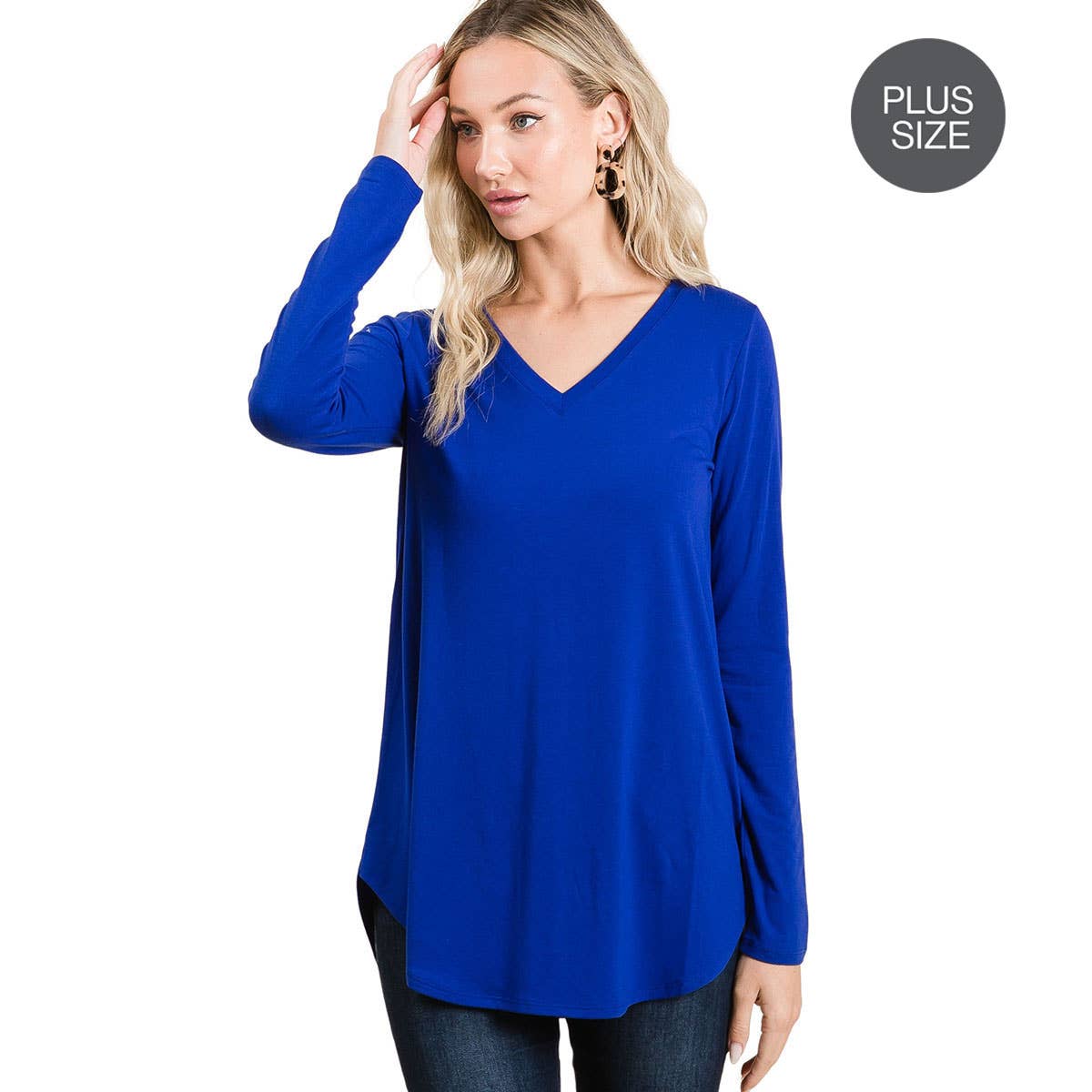PLUS LONG SLEEVE V-NECK ROUND HEM TOP
