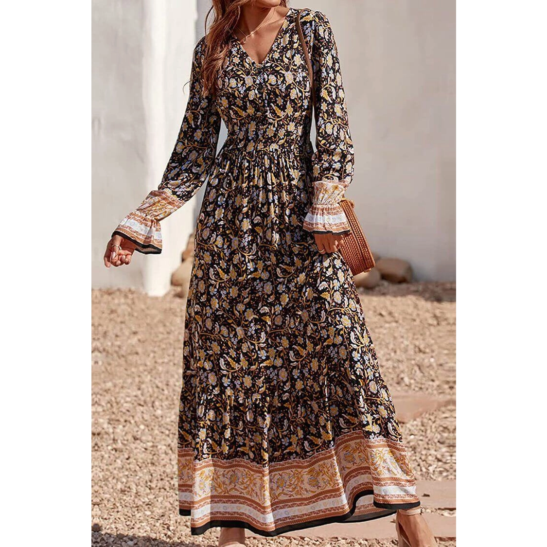 Neck Casual Button Down Boho Floral Print Fall Maxi Dress