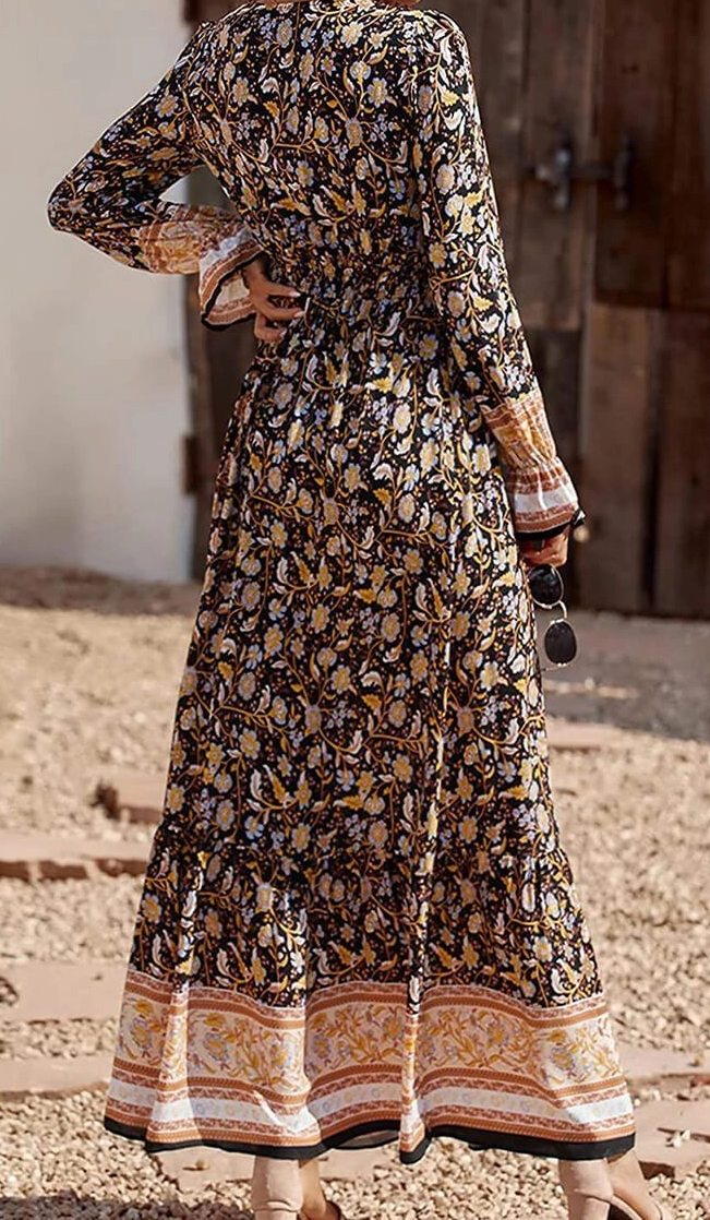 Neck Casual Button Down Boho Floral Print Fall Maxi Dress