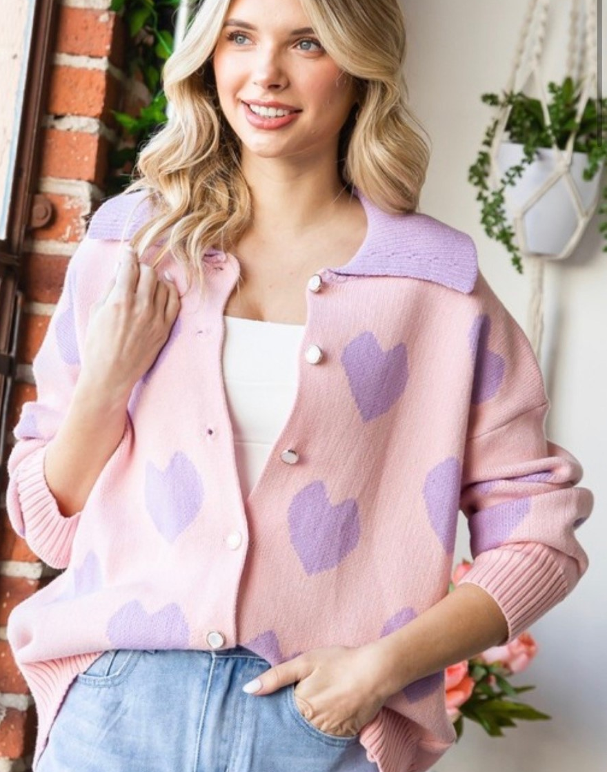 Pink & Purple Button up Heart Sweater