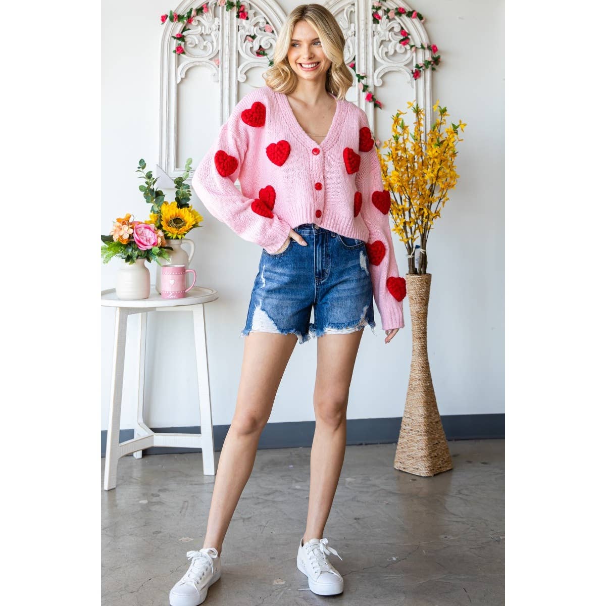 Fluffy Hearts Pom Pom Cardigan